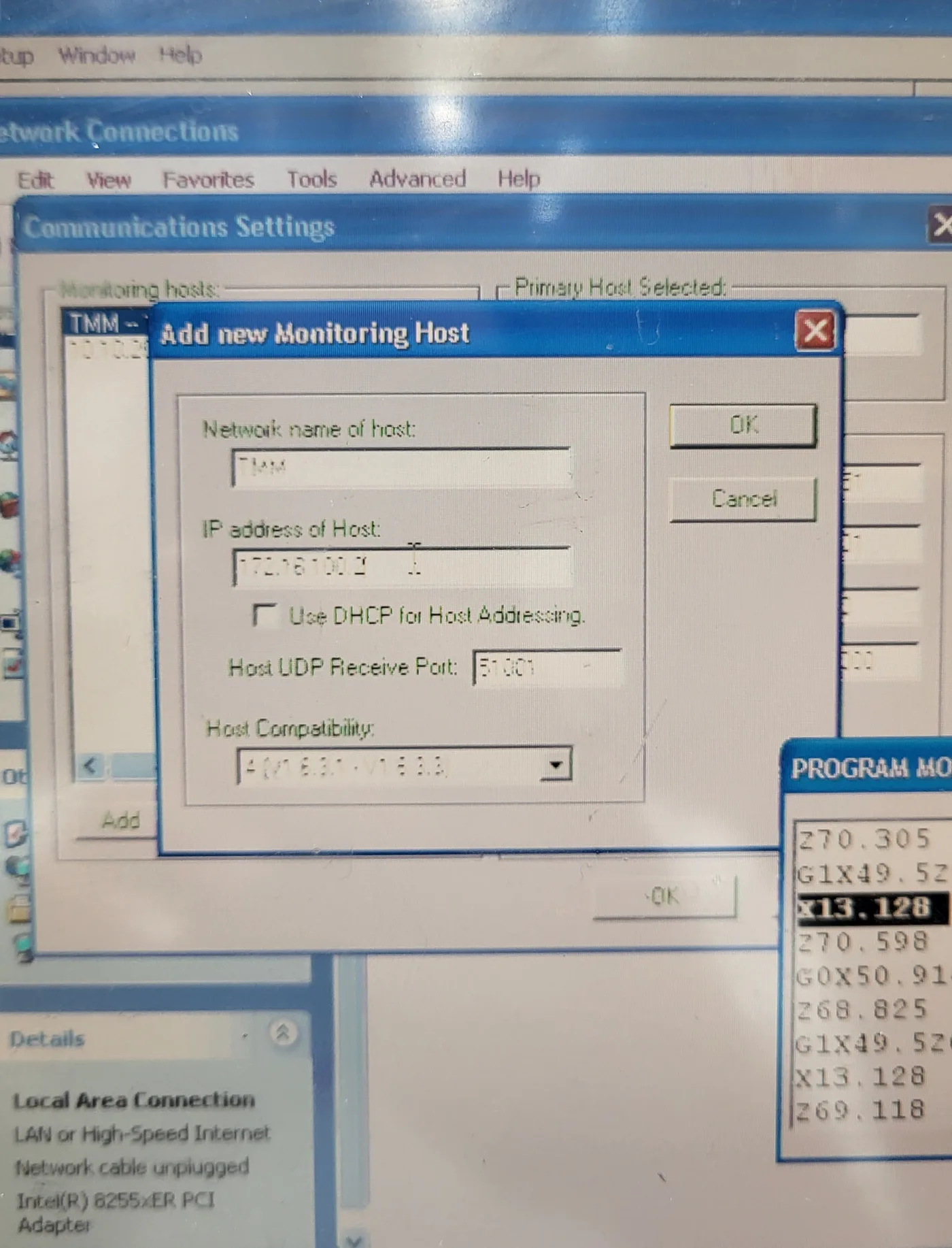 Fusion Client Add new Monitoring Host dialog with Network name TMM, an IP address of host, Host UDP Receive Port 51001 and Host Compatibility A