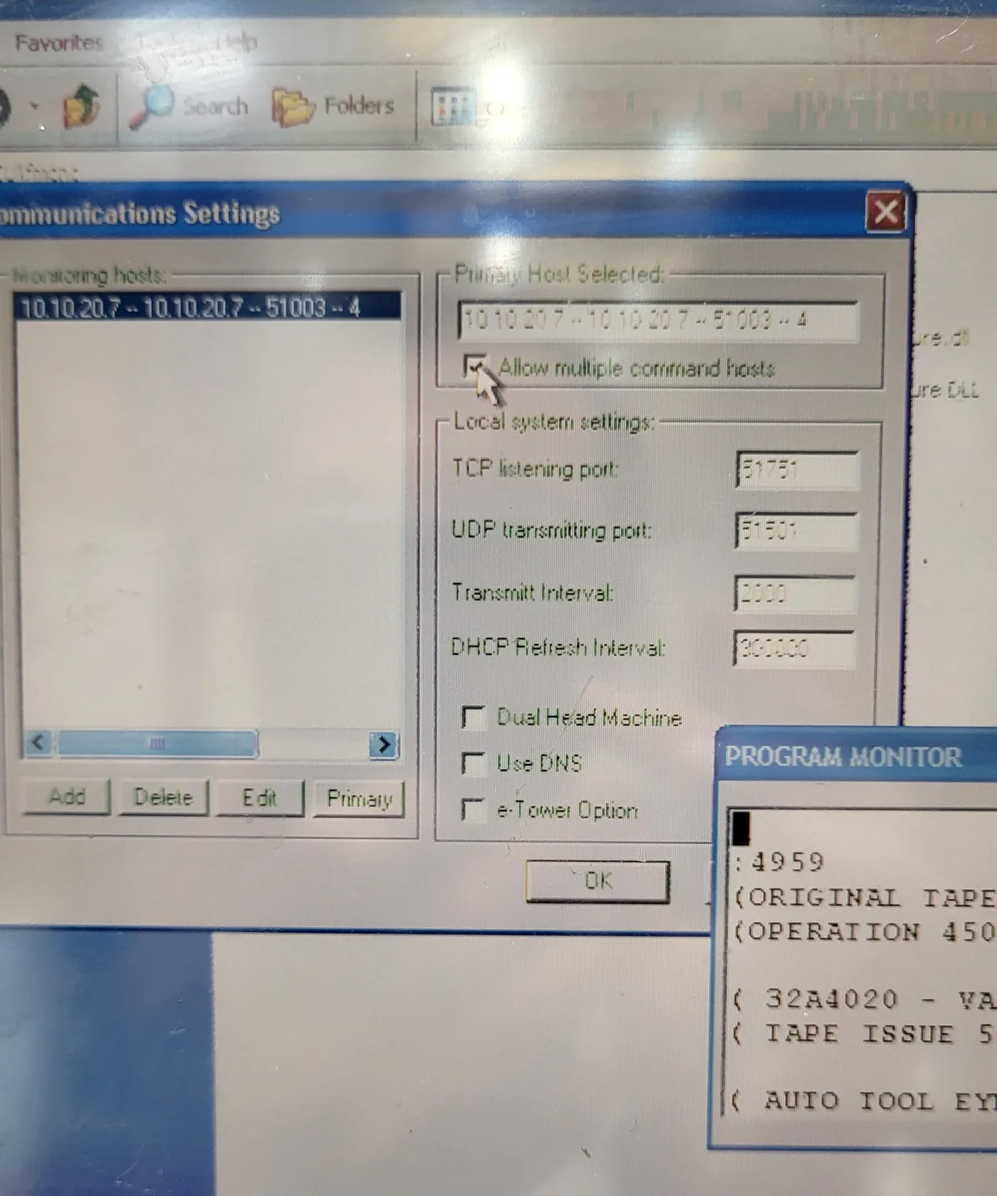 Fusion Client Communications Settings showing the Monitoring hosts list, Add/Delete/Edit/Primary buttons and Local system settings with TCP listening port 51751 and UDP transmitting port 51501