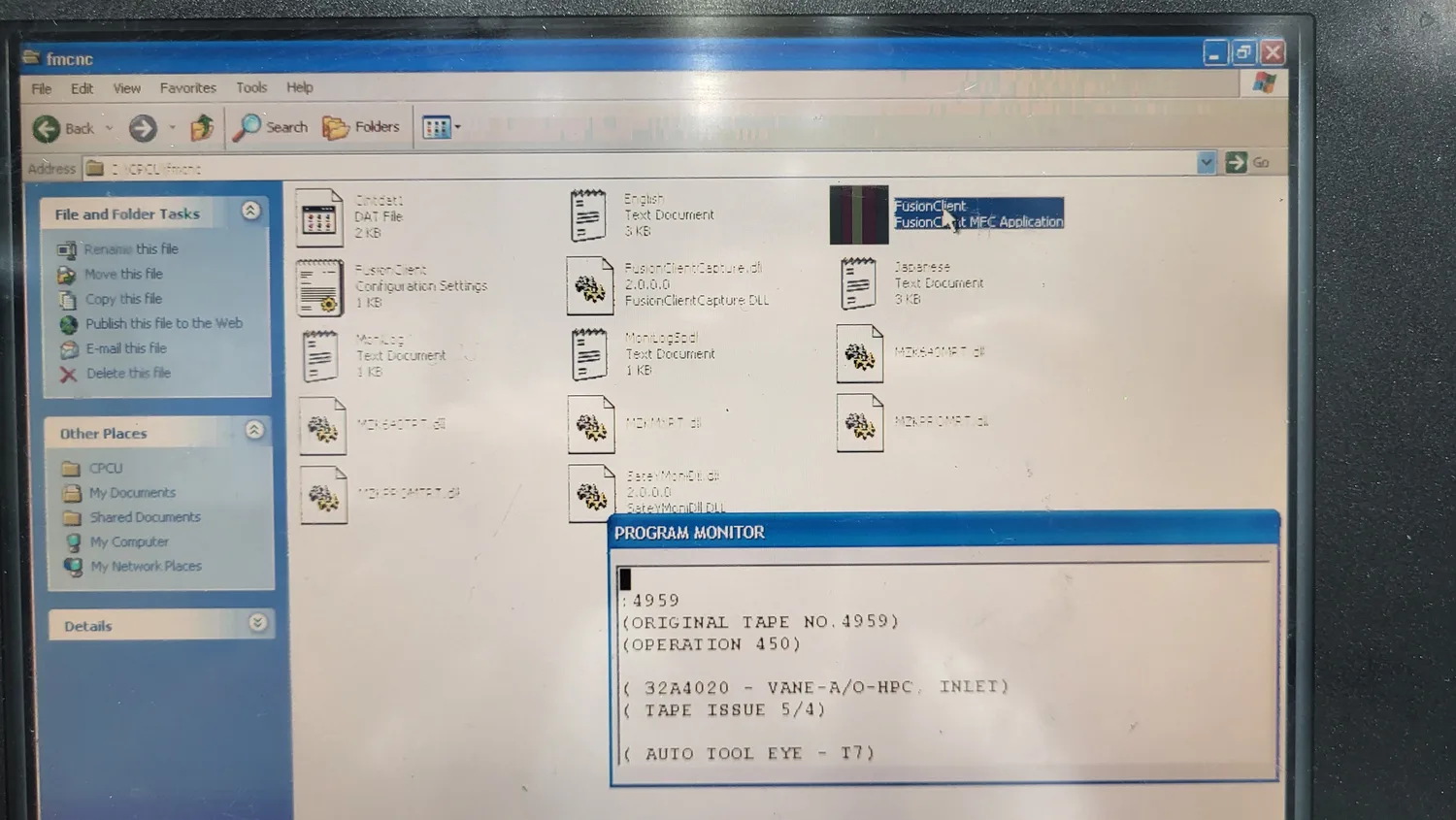 Windows Explorer open at C:\CPCU\fmcnc with FusionClient (FusionClient MFC Application) highlighted