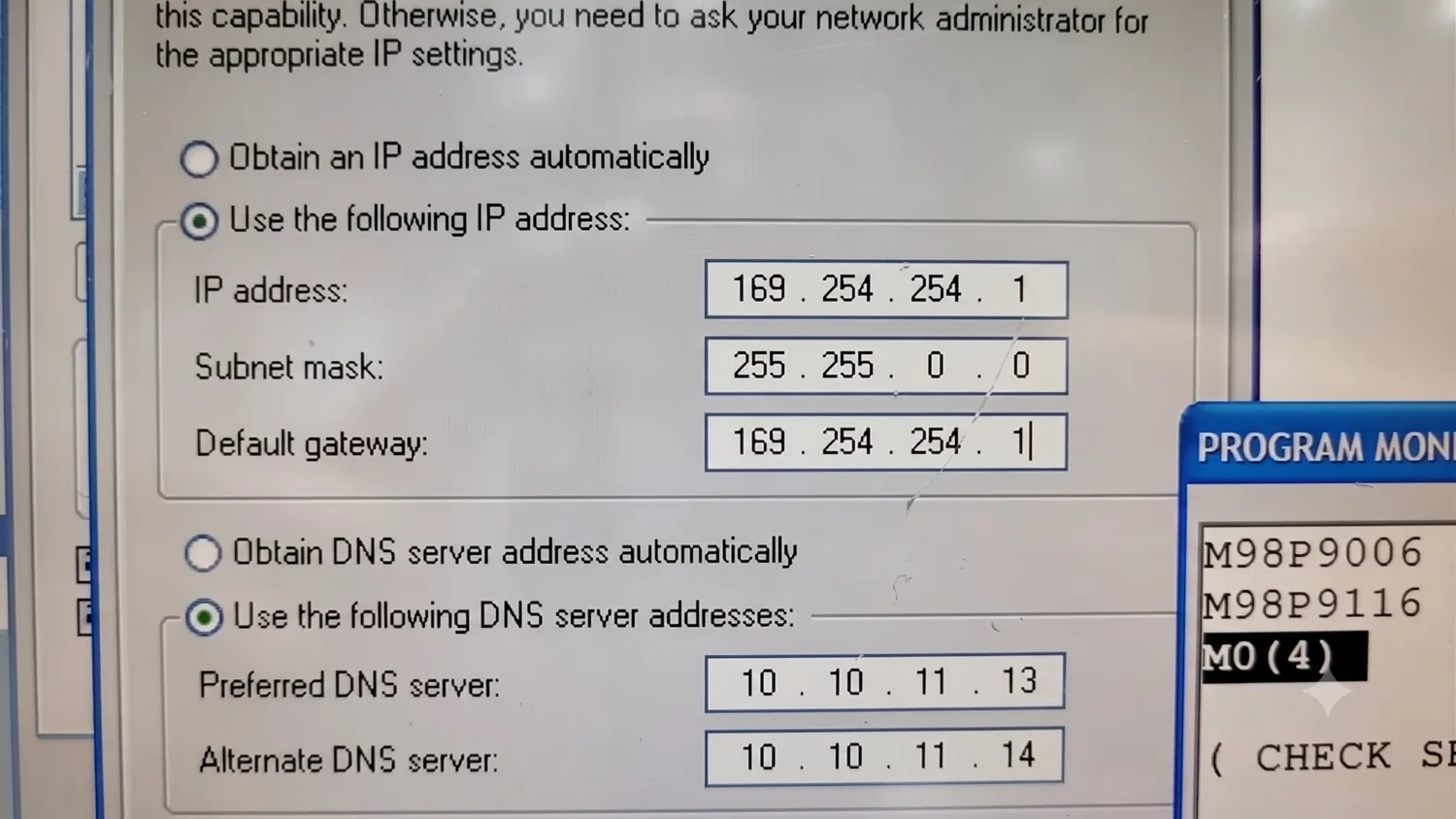 Windows XP Internet Protocol (TCP/IP) Properties with Use the following IP address selected
